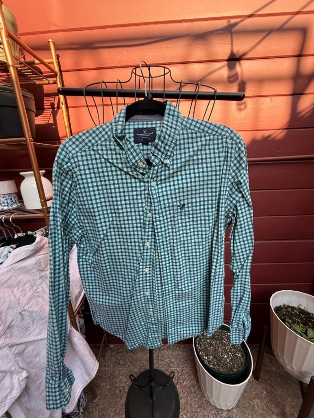 American Eagle Outfitters Green Plaid Button-Down Shirt